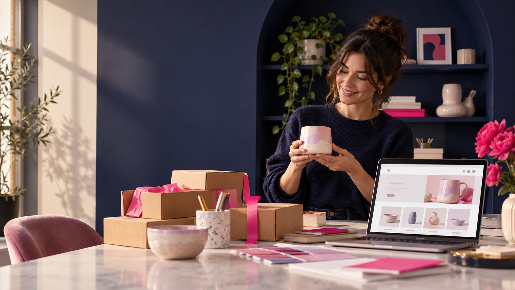 Imprenditrice con prodotti e sito e-commerce